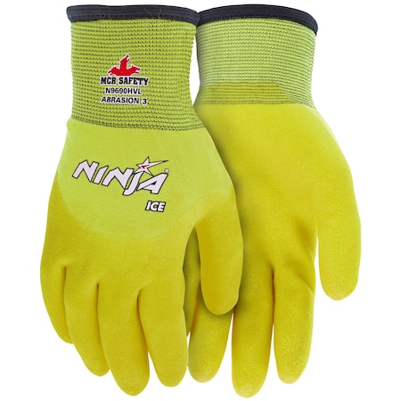 Mcr Safety Gloves, Ninja Ice-Hi Viz, 7G Inside-15G Outside, XS, 12PK N9690HVXS
